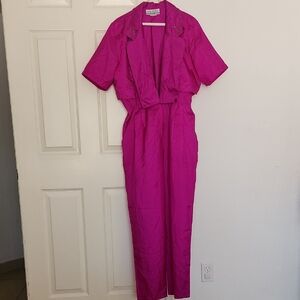 Joan Walters Vintage Pink Open Front Short Sleeved Jumpsuit Pockets  Size P14